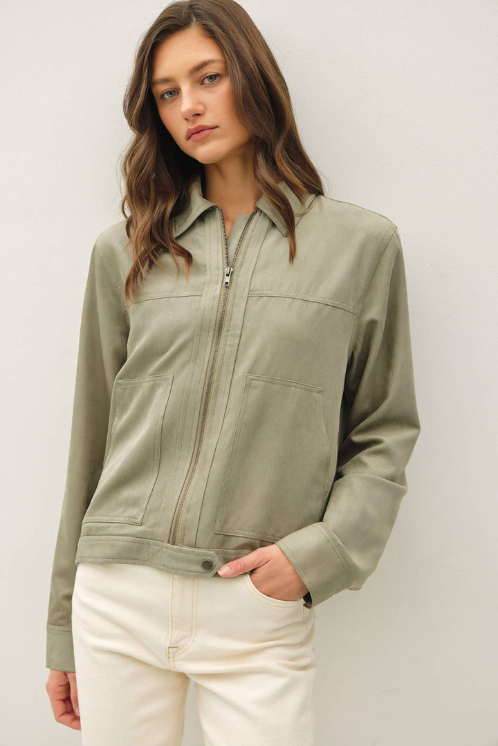 SUEDE FEEL COLLARED ZIP UP JACKETS