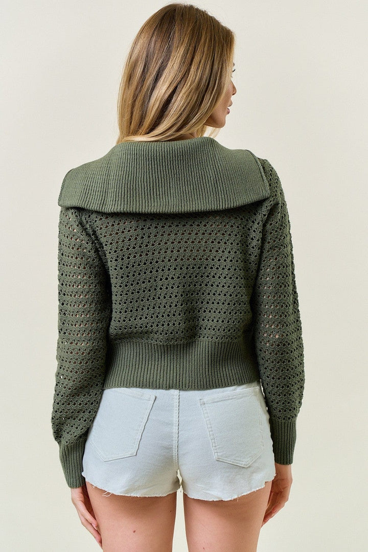 Zip-Up Pointelle Open Knit Sweater Jacket