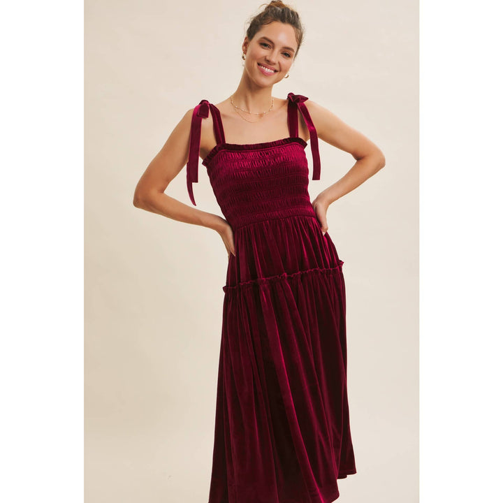 HOLIDAY CLASSIC VELVET SMOCKED MIDI DRESS WITH POCKETS