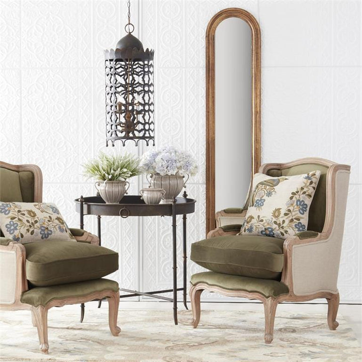 Green & Tan Mango Wood Wingback Chair
