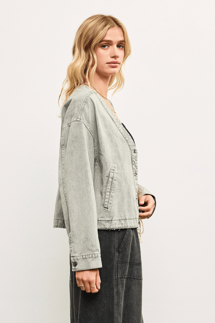Oversized V Neck Button Up Denim Jacket Washed Grey