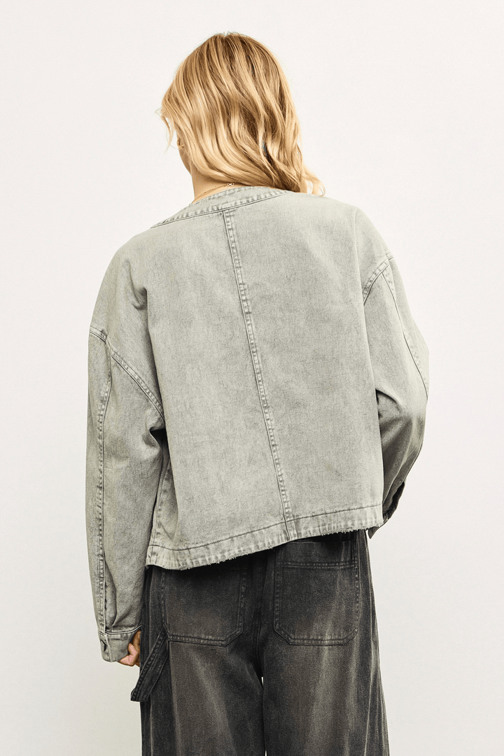Oversized V Neck Button Up Denim Jacket Washed Grey