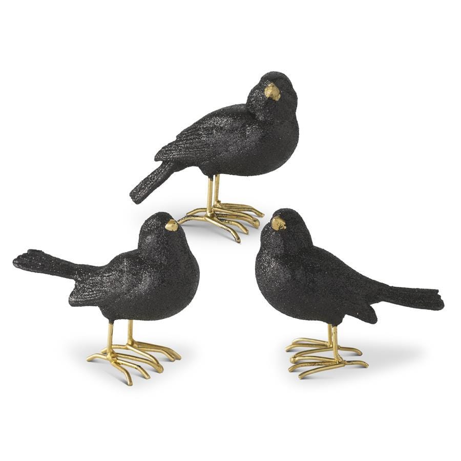 Assorted 3.25 Inch Glittered Black Resin Birds w/Gold Feet