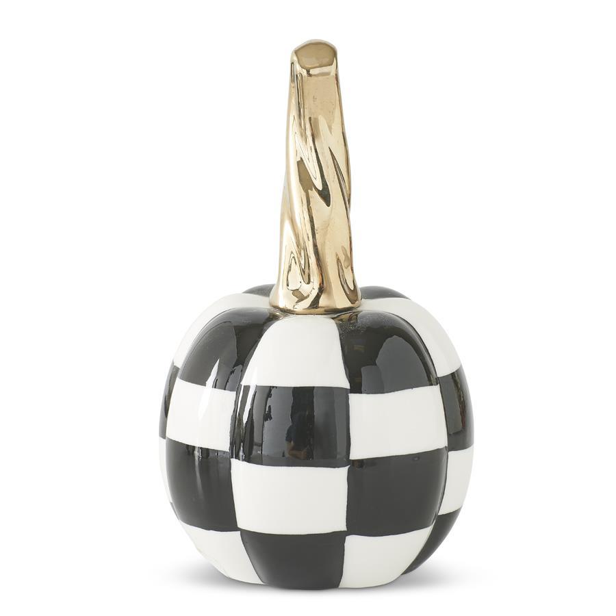 6.75 Inch White & Black Checkered Ceramic Pumpkin w/Twisted Gold St