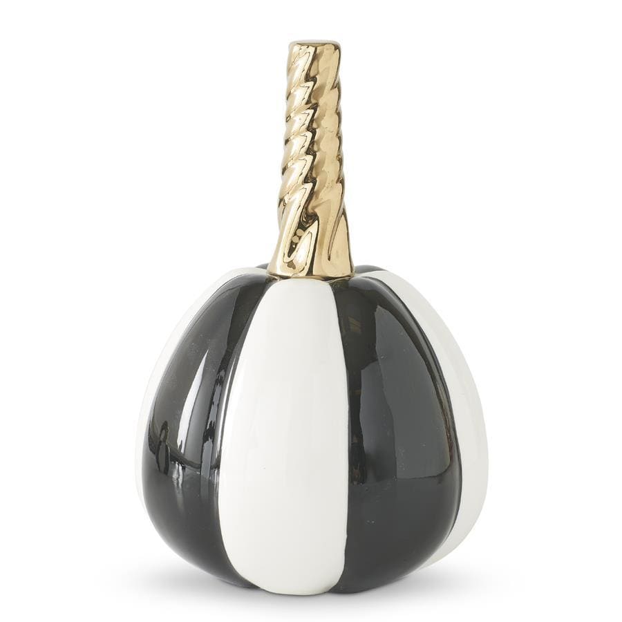 7.25 Inch White & Black Striped Ceramic Pumpkin w/Gold Stem
