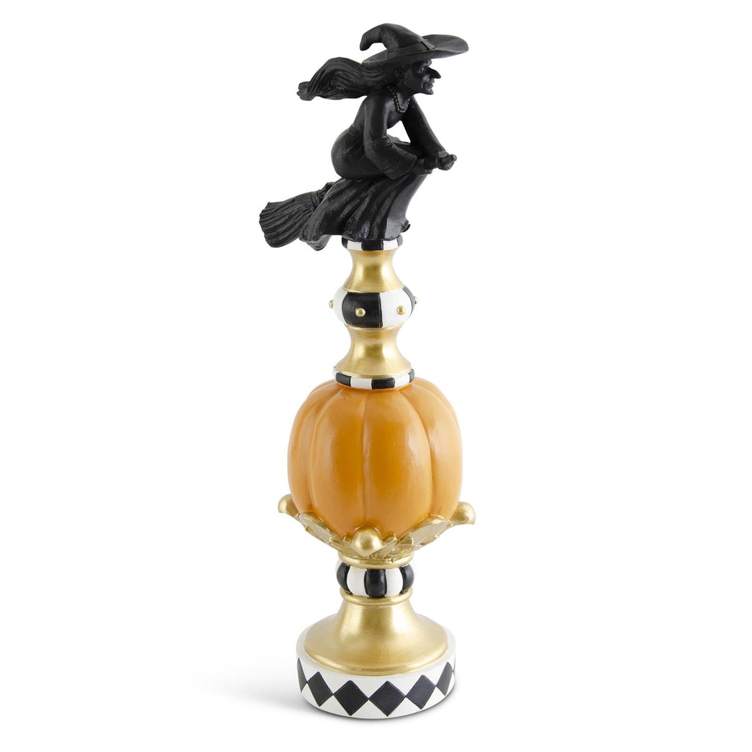 17.75 Inch Resin Black White Orange & Gold Finial w/Witch Top