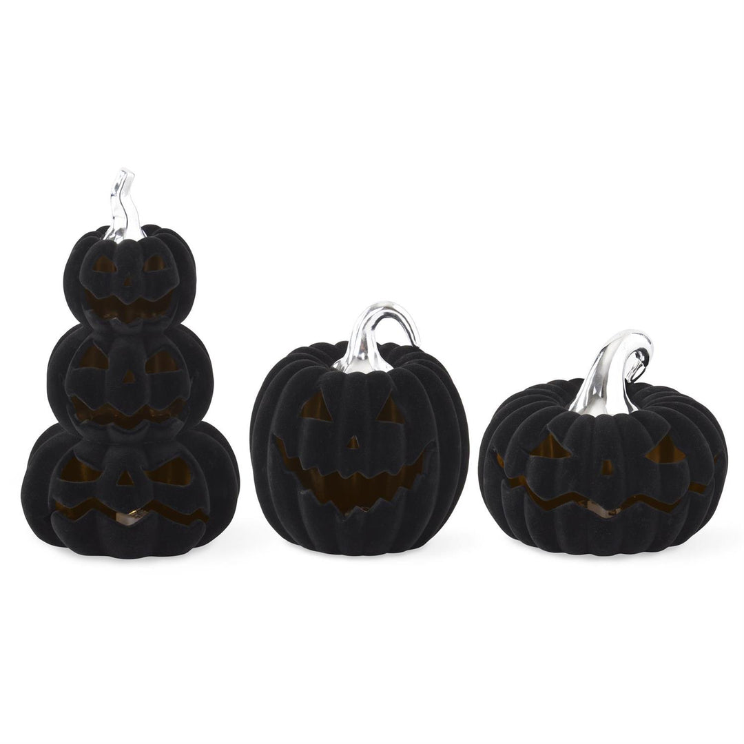 Ceramic Black Flocked Velvet Jack O Lanterns w/Timers - 3 Sizes