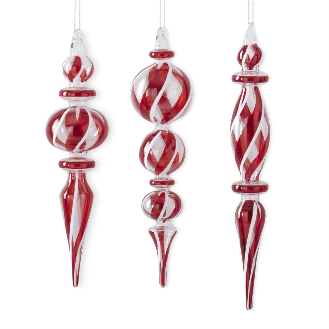 Assorted Red White & Clear Glass Swirl Finial Ornaments (3 Styles)