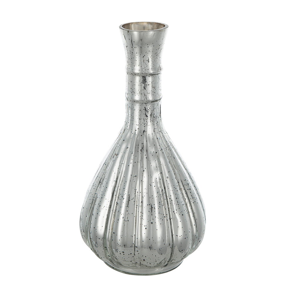D5x10" Antique Silver Glass Decorative Flower Vase with Vertical Stripe Pattern