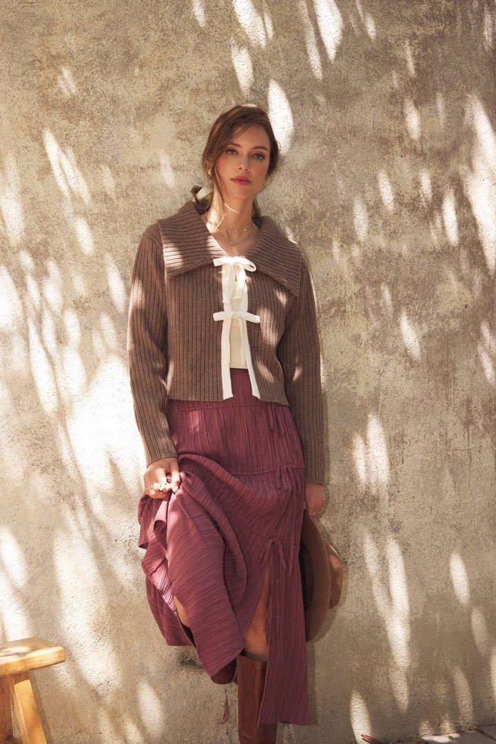 Rib Cardigan with Contrast Bow