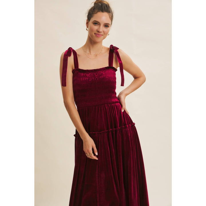 HOLIDAY CLASSIC VELVET SMOCKED MIDI DRESS WITH POCKETS