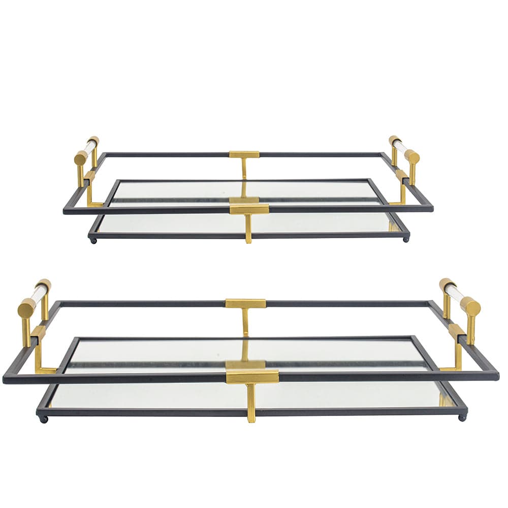 Black and Gold Decorative Trays with Mirrored Surface - 2 Sizes