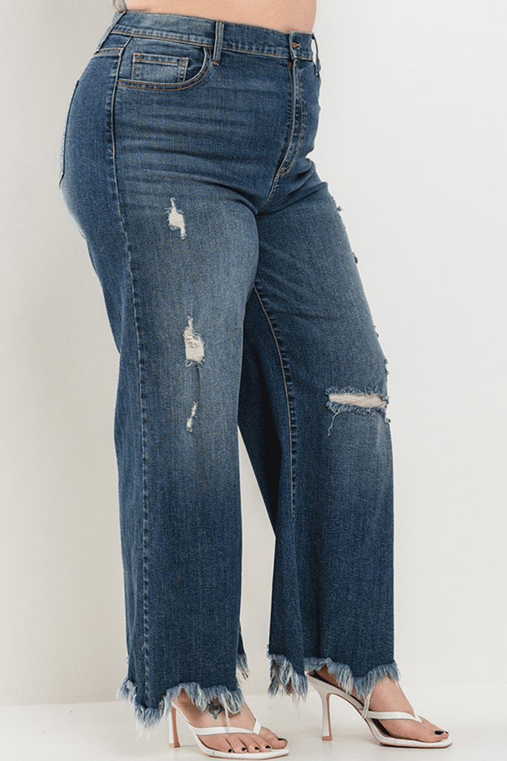High Rise Distressed Cropped Wide Leg Jeans - Plus