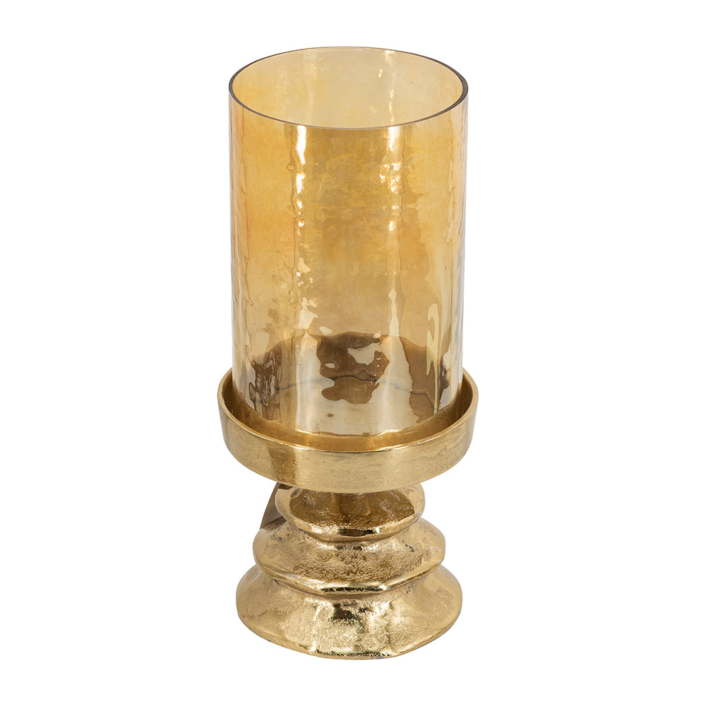 D5.5x12.8" Amber Glass Pillar Candle Holder with Gold Metal Base