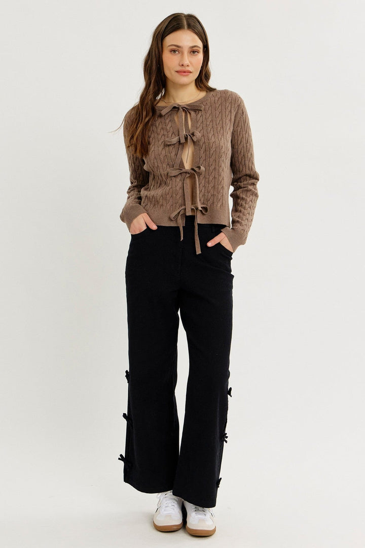 Cable Knit Bow Tie-Front Cardigan