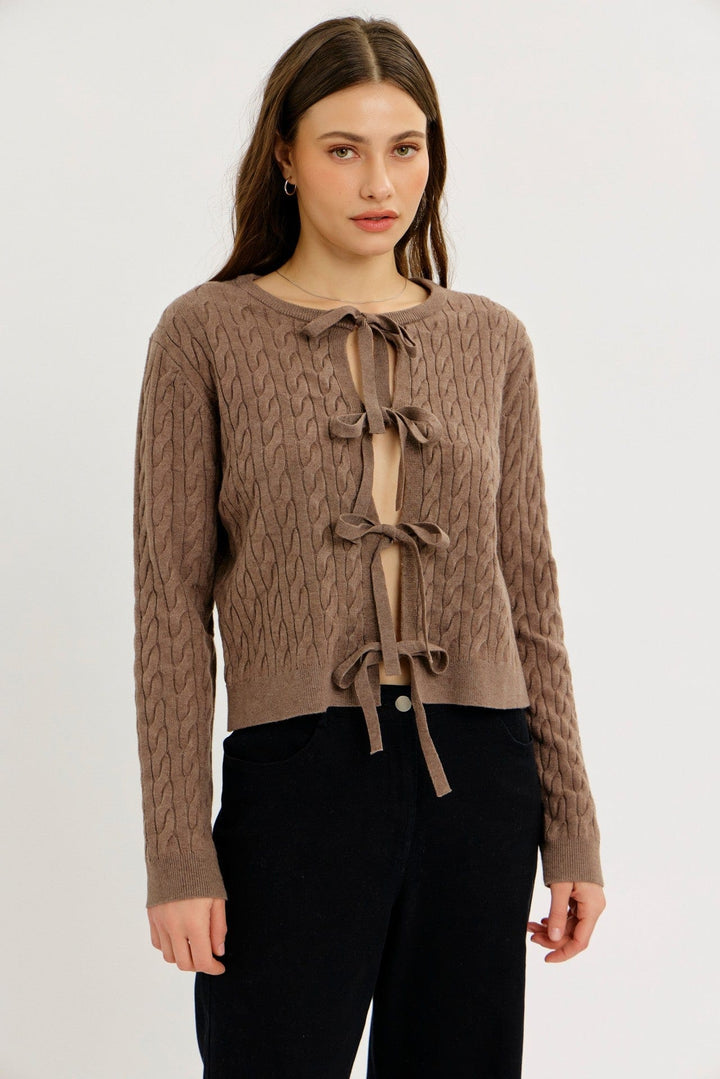 Cable Knit Bow Tie-Front Cardigan