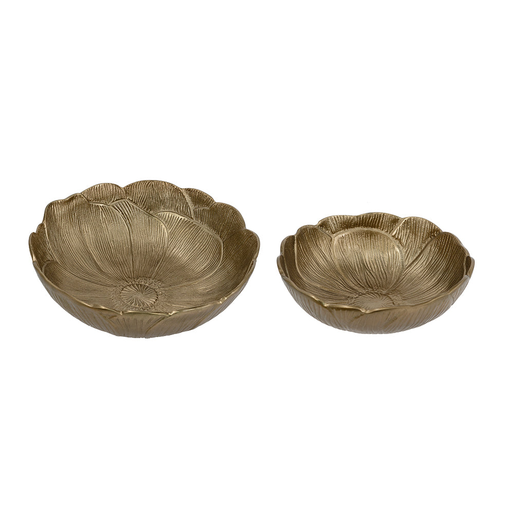 Gold Aluminum Bowls with Textured Leaf Design and Scalloped Edges 2S/CTN L:D11.5x3.5" S:D8x2.5"