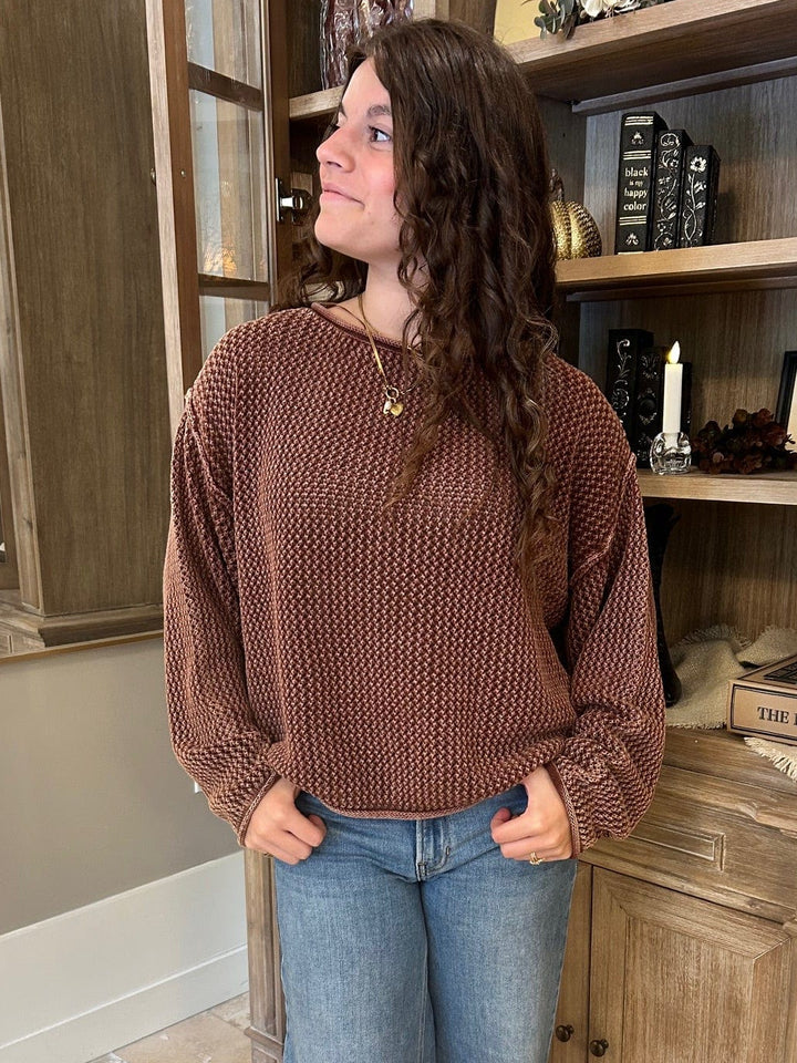 Dropped Shoulder Waffle Knit Sweater