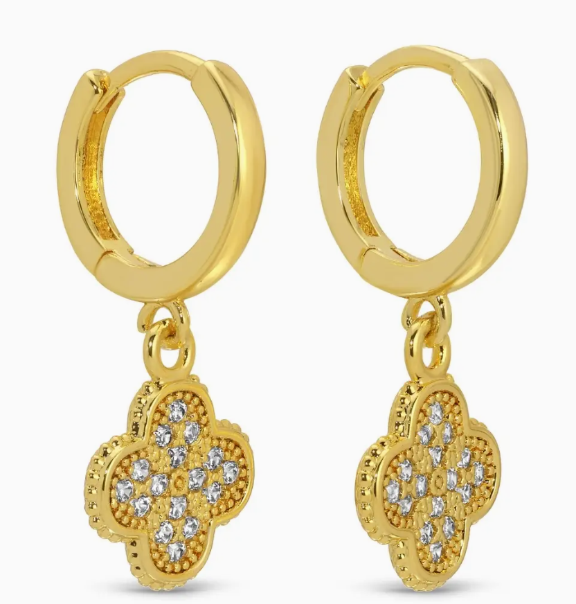 Small Huggies with Pave Quatrefoil Earrings