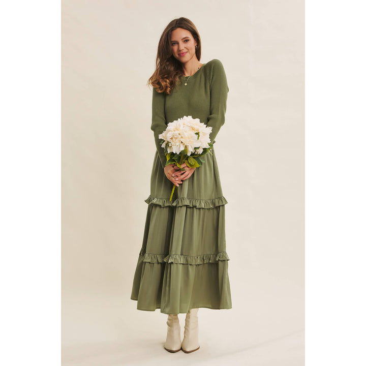 COMFORTABLE SWEATER AND SATIN TWOFER MAXI DRESS