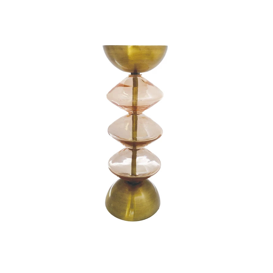 Pink Recycled Glass & Metal Pillar Holder