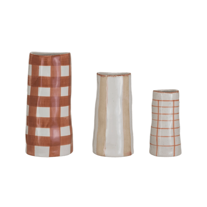 Hand-Painted Stoneware Vases w/ Patterns, Brown, Rust & Cream Color