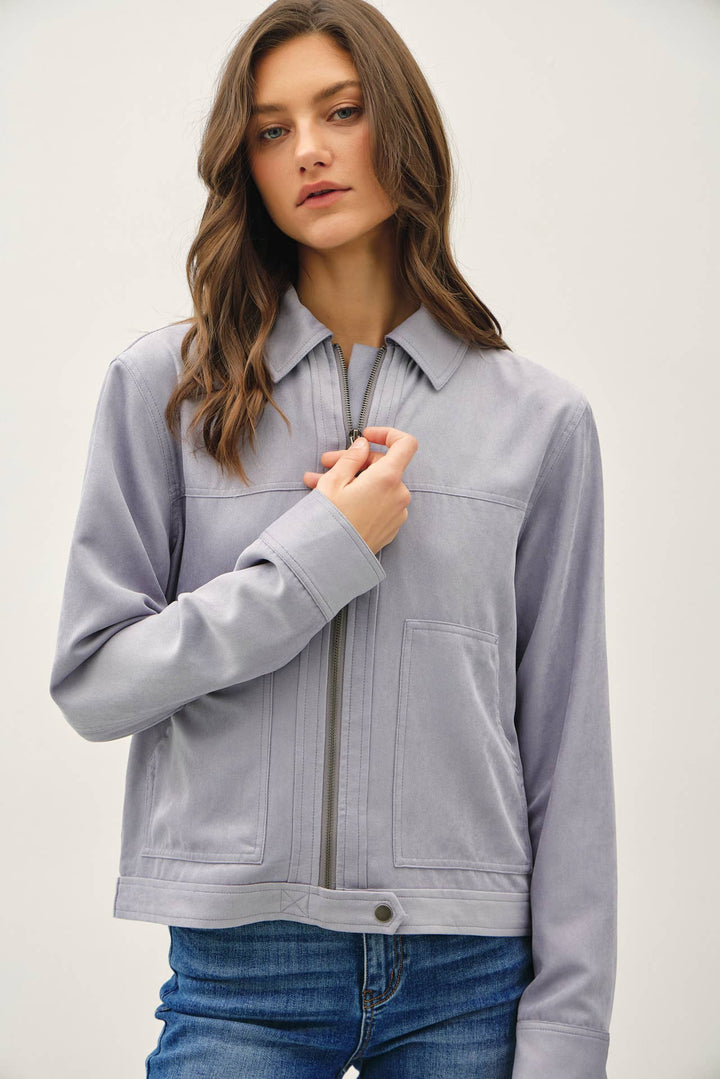 SUEDE FEEL COLLARED ZIP UP JACKETS