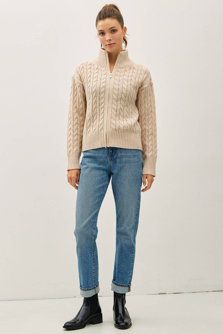 Cable Knit Zip Up Sweater Jacket