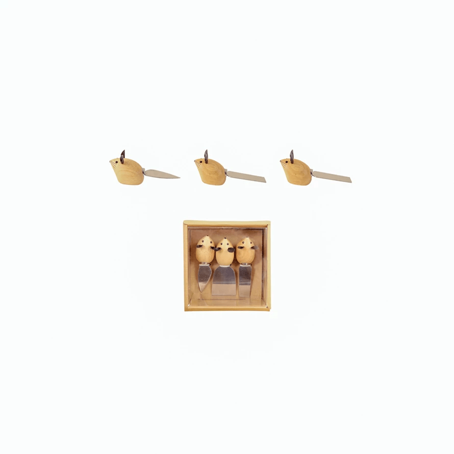 Stainless Steel Cheese Knives w/ Mouse Shaped Handles & Faux Leather Ears, Boxed Set of 3