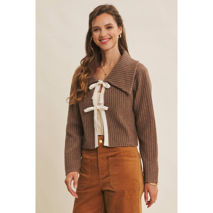 Rib Cardigan with Contrast Bow