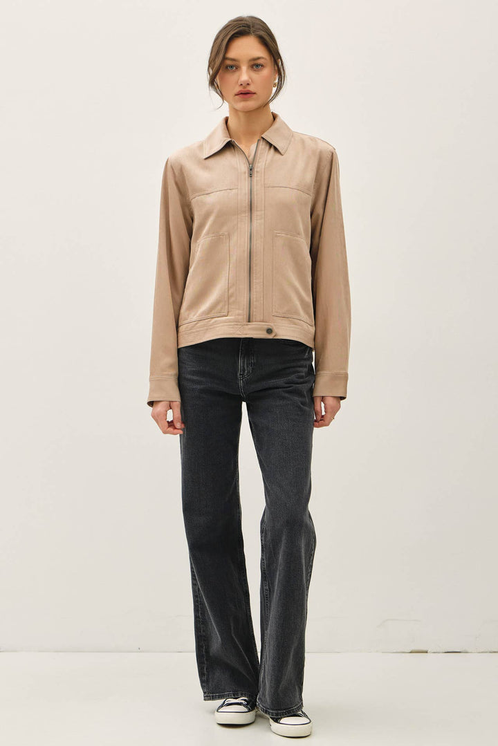 SUEDE FEEL COLLARED ZIP UP JACKETS
