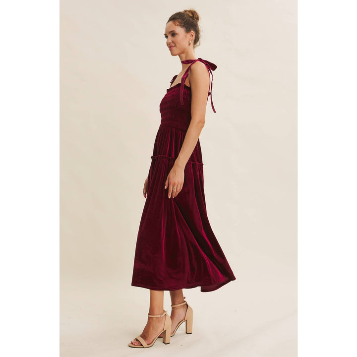HOLIDAY CLASSIC VELVET SMOCKED MIDI DRESS WITH POCKETS
