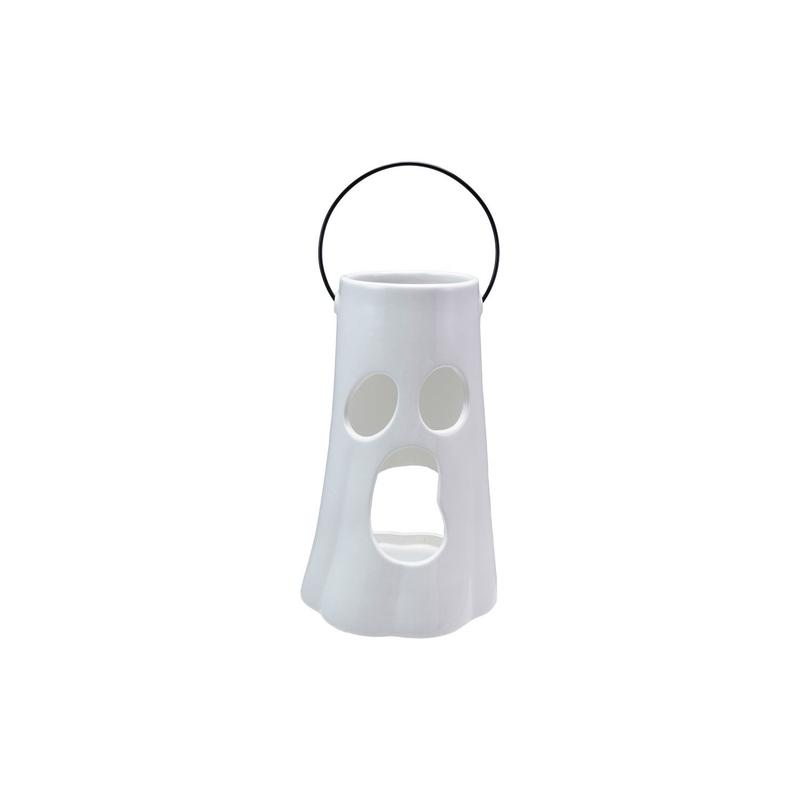 Ceramic Lantern with Cut-Out Ghost Face & Metal Handle, White