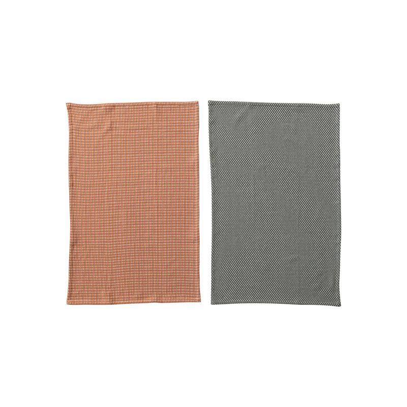 Woven Cotton Dobby Tea Towels, Orange & Charcoal Color, Set of 2