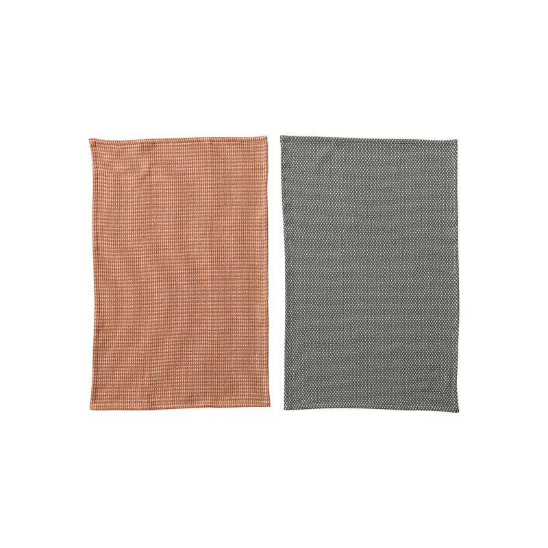Woven Cotton Dobby Tea Towels, Orange & Charcoal Color, Set of 2