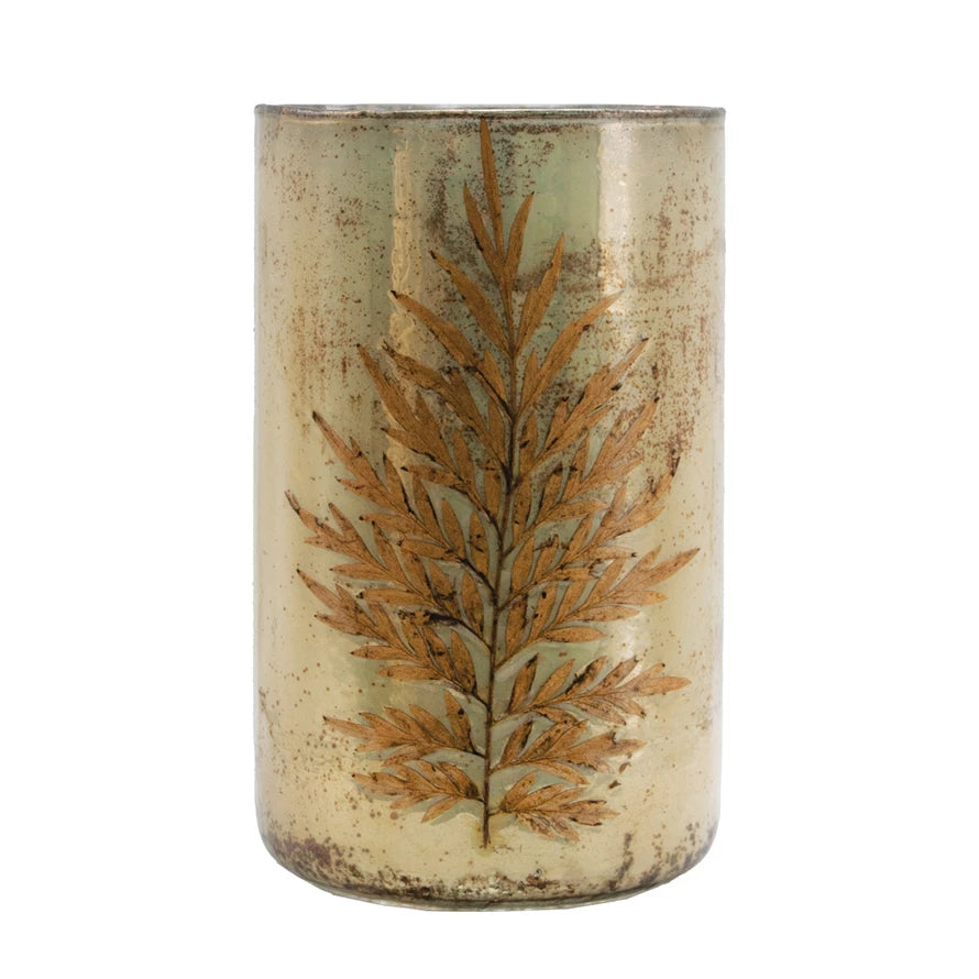 Mercury Glass Vase with Embedded Silver Oak Leaves
