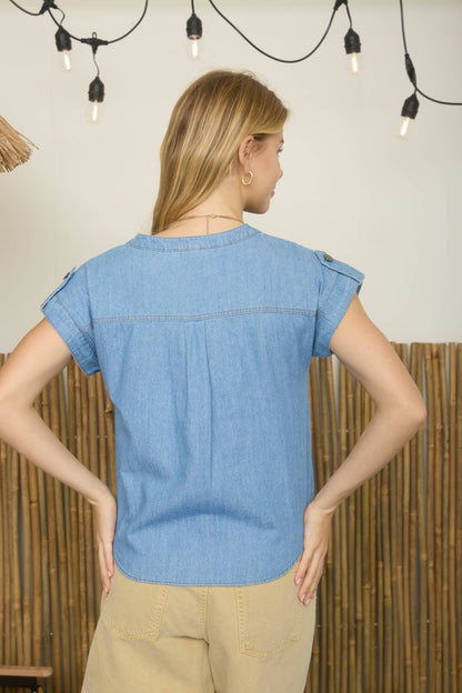 Split Neck Chambray Top
