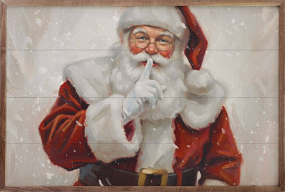 Framed oil painting of Santa Claus with glasses making a shh gesture in snow