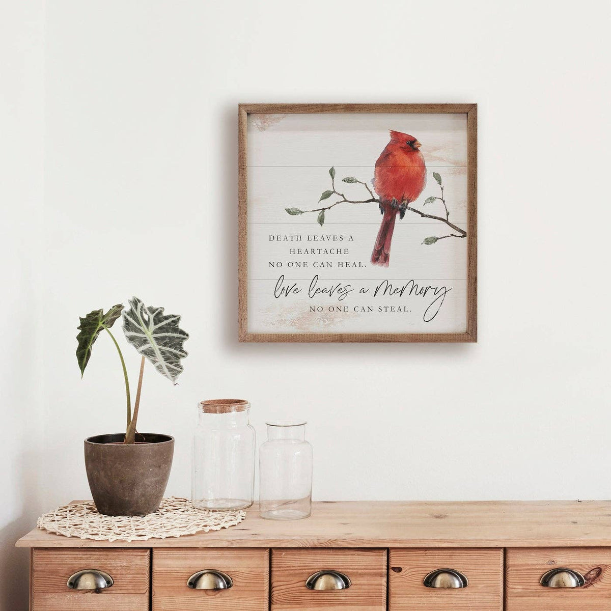 Framed whitewash wood sign with cardinal bird and memorial quote about love