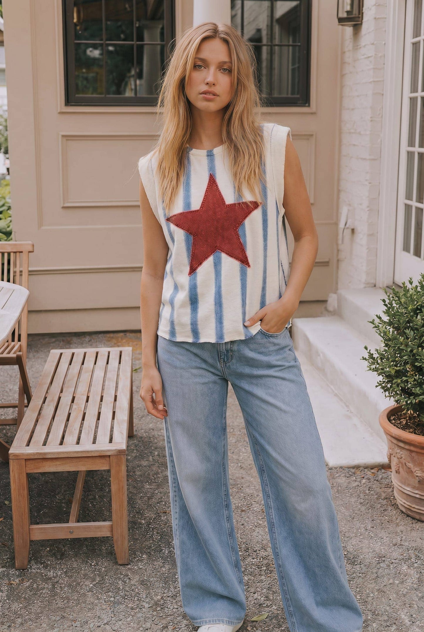 **Pre-Order**  Star Patch Striped Sleeveless Knit Top
