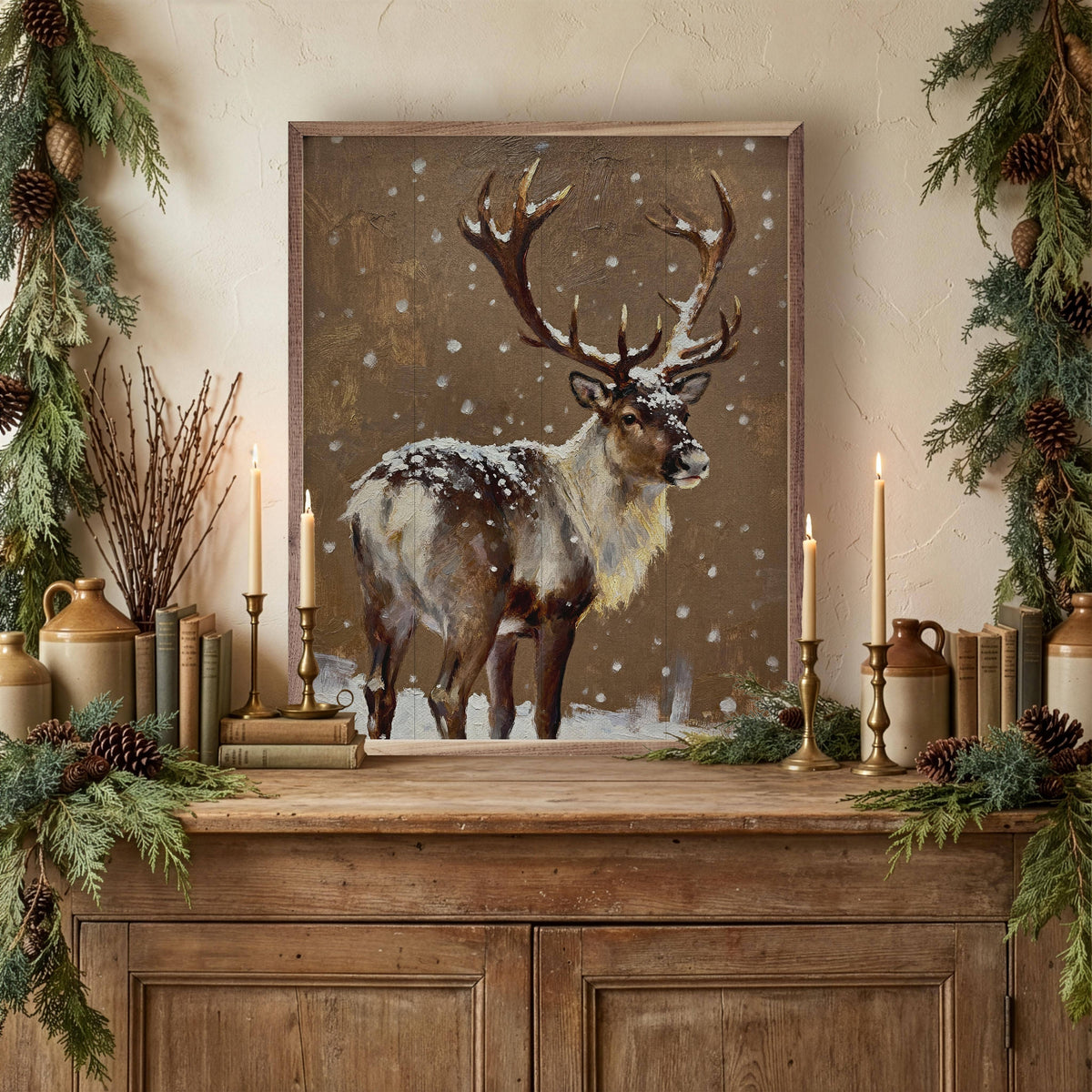 Framed reindeer painting in snow, warm brown tones, rustic wood frame