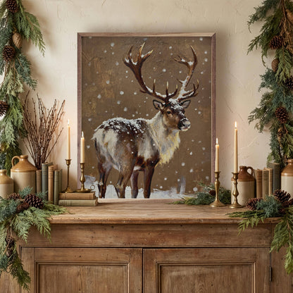Framed reindeer painting in snow, warm brown tones, rustic wood frame