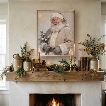 Framed vintage Santa Claus art print displayed above a rustic Christmas fireplace mantel