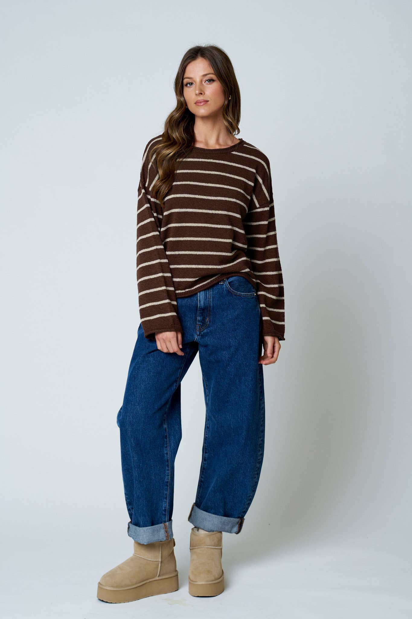 STRIPE TEXTURED RAW EDGE LONG SLEEVE KNIT SWEATER