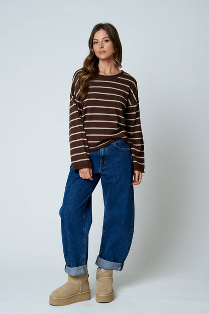 STRIPE TEXTURED RAW EDGE LONG SLEEVE KNIT SWEATER