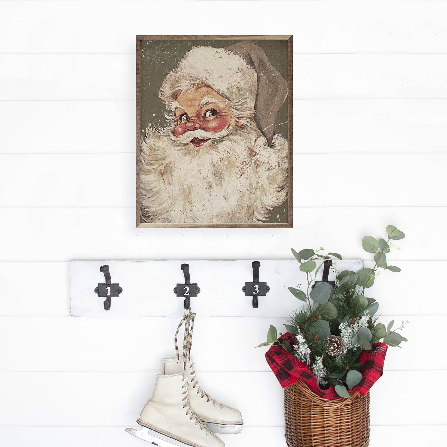 Santa Gray Hat Distressed Green Art Print