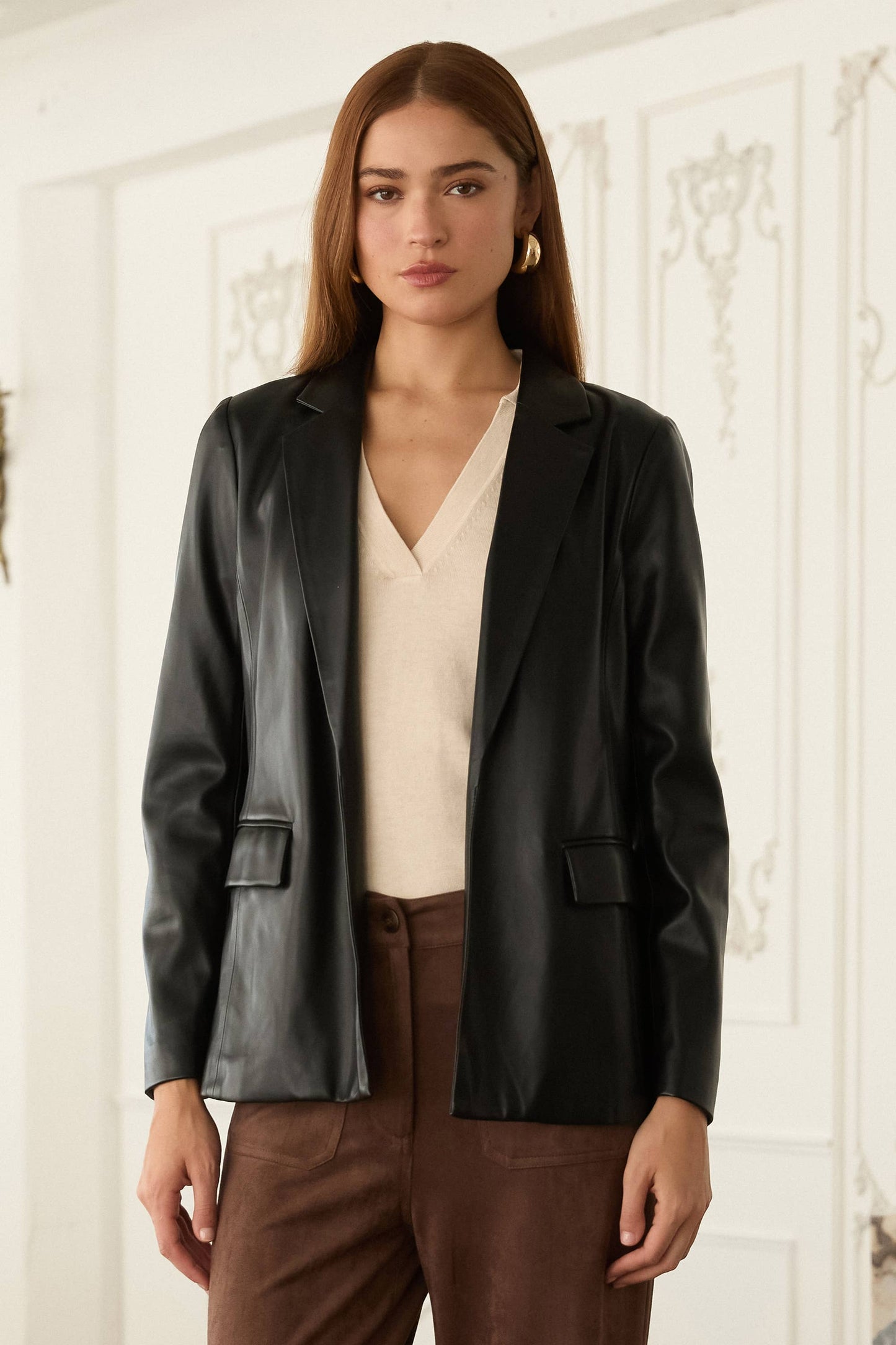 Faux Leather Open Blazer