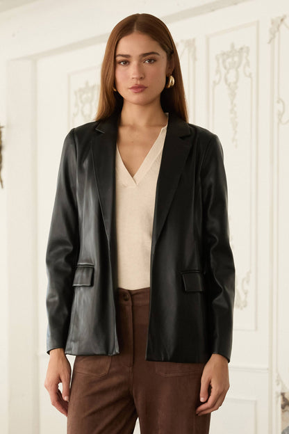 Faux Leather Open Blazer
