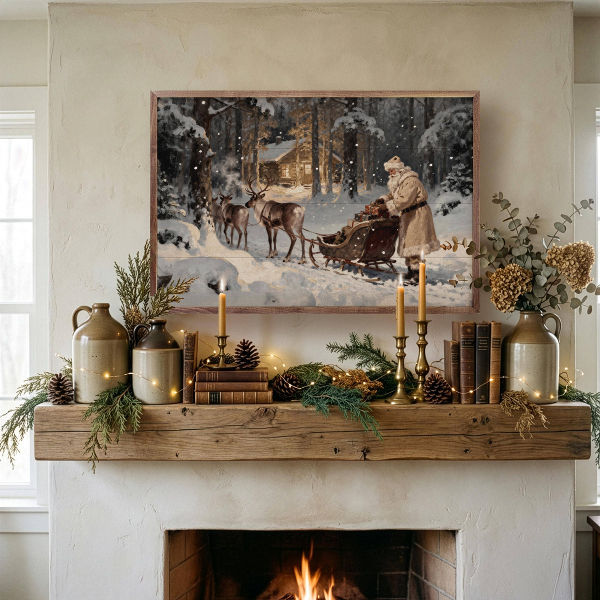 Vintage Santa sleigh reindeer painting above rustic wood fireplace mantel with candles