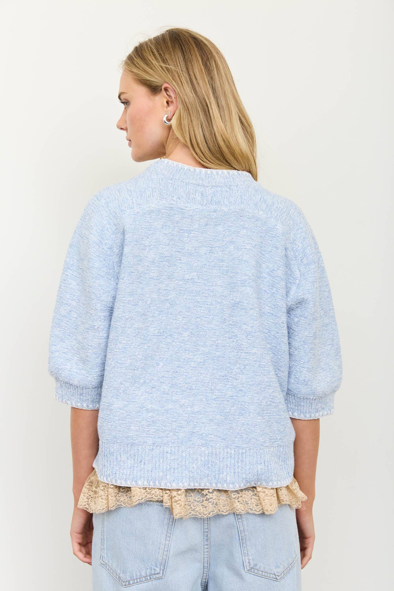 HEATHERED CONTRAST TRIM SHORT SLEEVE KNIT SWEATER